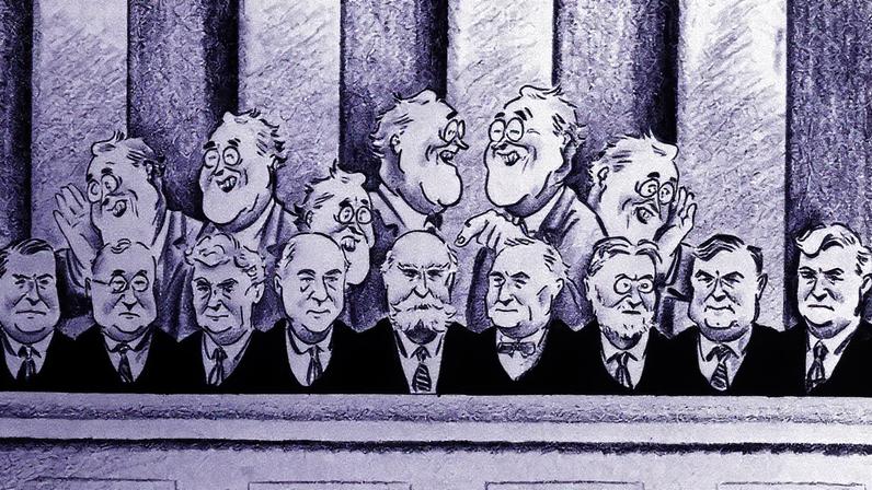 Cartum editorial retrata o presidente dos EUA, Franklin Roosevelt, e a Suprema Corte em 1937 (Foto: Reprodução)