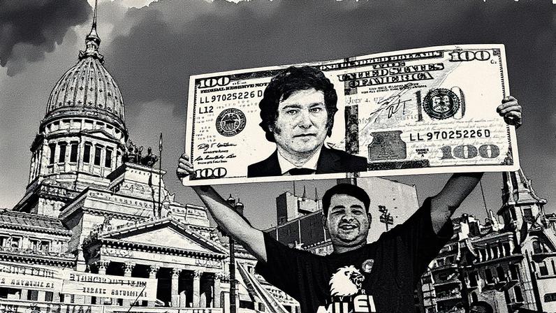 Apoiador de Milei segura cartaz com a foto do presidente em uma nota de dólar (Foto: Reprodução)
