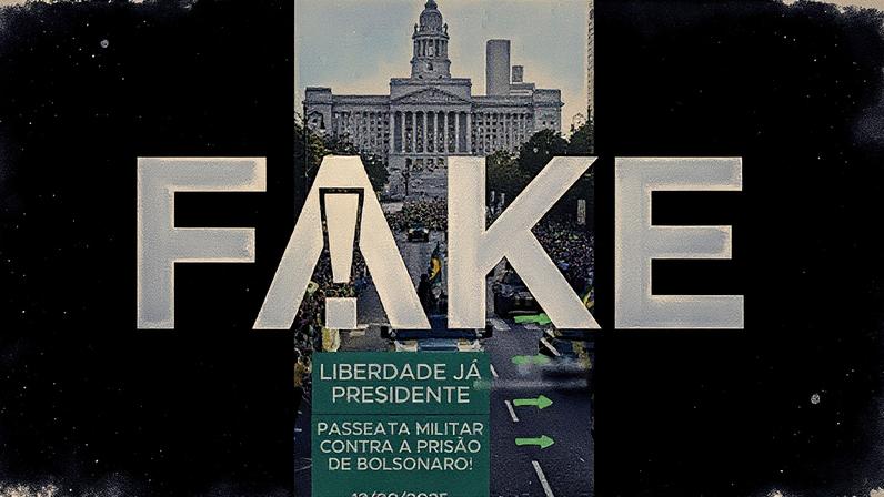 É #FAKE que EUA fez parada militar contra prisão de Bolsonaro em frente à Casa Branca; vídeo foi criado com inteligência artificial (Foto: Reprodução)