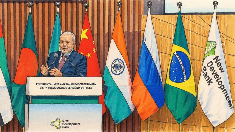 Presidente do Brasil, Luiz Inácio Lula da Silva, discursa durante cerimônia de posse da presidente Dilma Rousseff no Banco dos Brics (Foto: Reprodução)