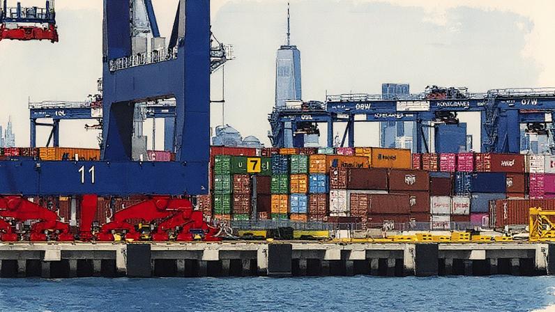 Containers são carregados e descarregados de navios de carga no Terminal de Contêineres de Port Jersey, em Nova Jersey, EUA (Foto: Reprodução)