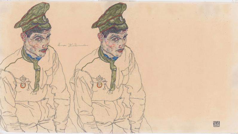 Retrato de um prisioneiro de guerra russo, com traços marcantes e expressivos, em estilo característico de Egon Schiele (Foto: Reprodução)