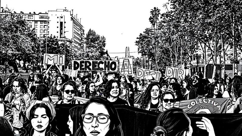 Ato pelo Dia de Ação Global por um aborto legal e seguro em Santiago, Chile, com participantes segurando cartazes (Foto: Reprodução)