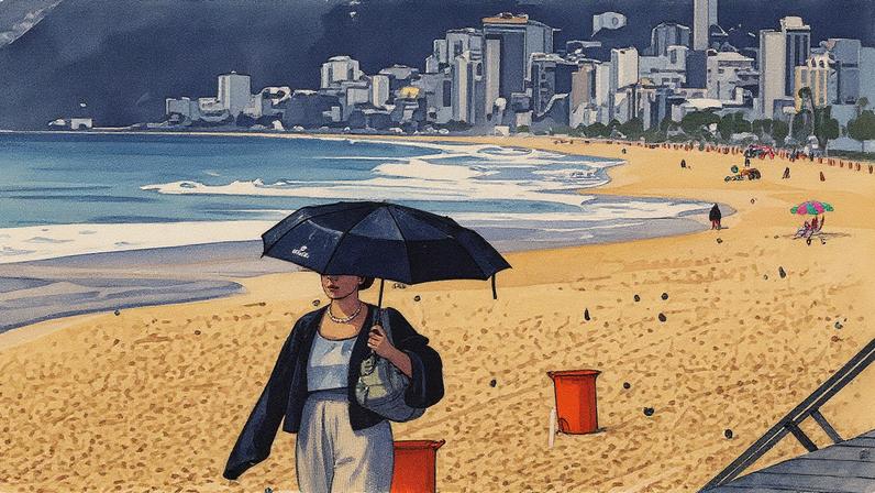 Chuva e frio na Praia do Arpoador, na Zona Sul (Foto: Reprodução)