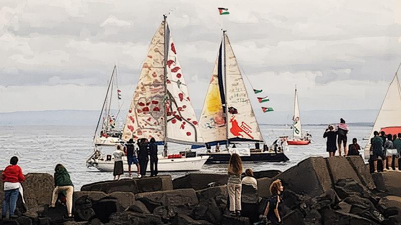 Barcos de la Global Sumud Flotilla zarpan desde el puerto siciliano de San Giovanni Li Cuti (Catania), este 27 de septiembre de 2025.