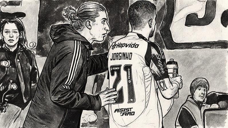 Filipe Luís instrui Jorginho durante Estudiantes x Flamengo (Foto: Juan Mabromata/ AFP)