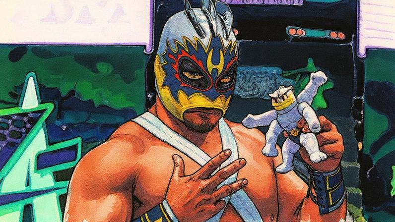 A wrestler in a Machamp-themed costume holds a Machamp plush.
