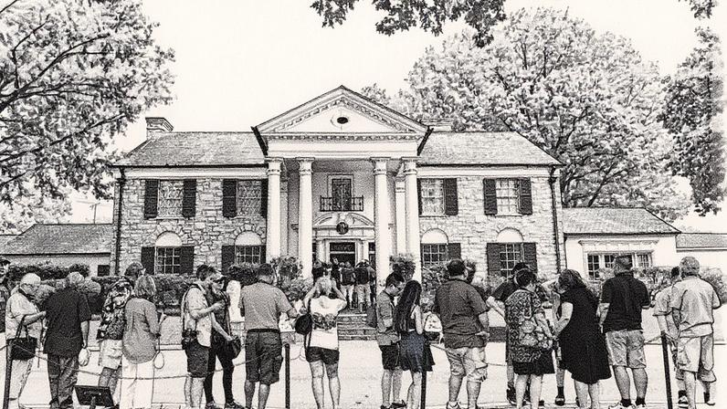 Visitors queue to enter the Graceland mansion of Elvis Presley on August 12, 2017 in Memphis, Tennessee. Elvis Presley, American icon and King of rock n roll, transformed popular culture, sold over a billion records and is idolized as ever on the 40th anniversary of his tragic death. His Graceland mansion in Memphis, Tennessee -- the second most famous home in the United States after the White House -- expects more than 50,000 people to descend for the biggest ever annual celebration of his life 40 years after his death aged 42 on August 16, 1977. / AFP PHOTO / Mandel Ngan (Photo credit should read MANDEL NGAN/AFP via Getty Images)