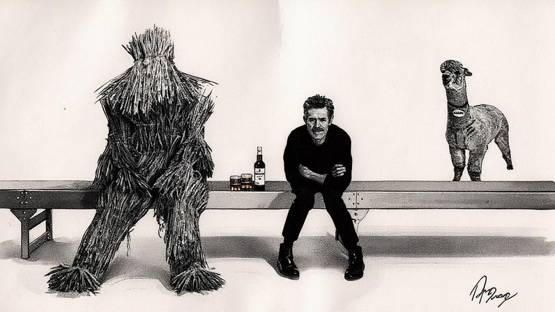 Willem Dafoe with 'Barley Man' and alpaca from Laphroaig 'The Taste' shoot