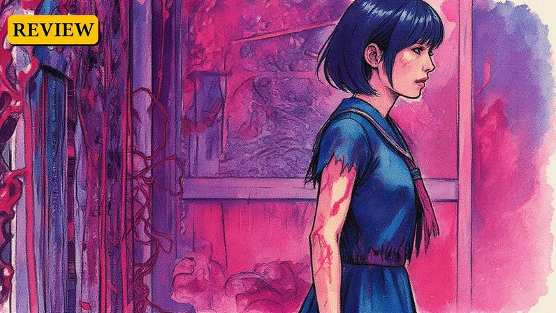 Hinako stands in profile in a tattered school uniform as she's surrounded by red plants.