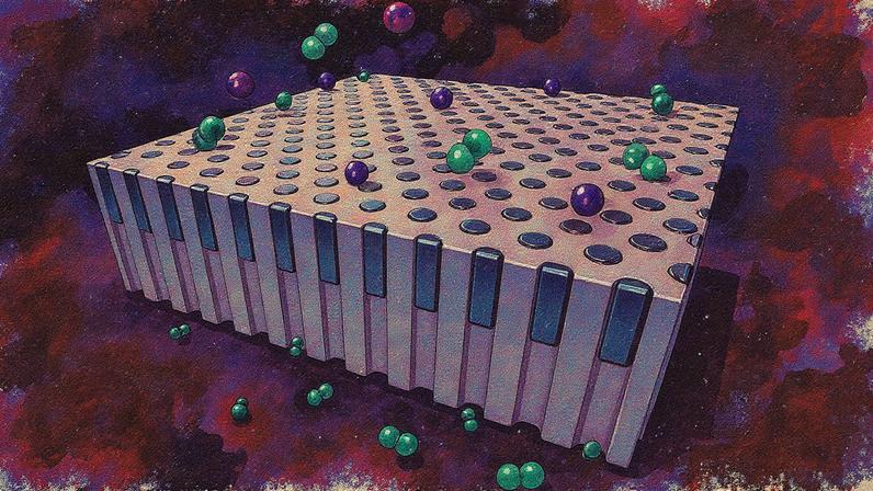 Caption: Schematic illustration of the membrane showing selective permeation of hydrogen (green) from a mixture of hydrogen and helium (blue) gases.