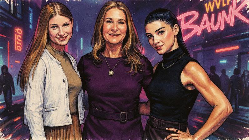 Melinda French Gates (centro) com as filhas Jennifer Gates Nassar (à esquerda) e Phoebe Gates (à direita)