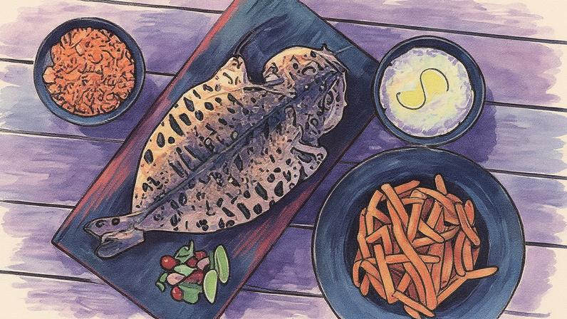 Peixe do Dia Inteiro na brasa com arroz de limão cremoso, farofa fria e fritas do Ocya • Rodrigo Azevedo