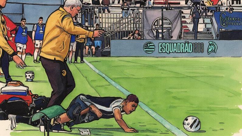Odair Hellmann é atingido involuntariamente por Douglas Silva em Athletic x Athletico. Foto: Reprodução/Disney+
