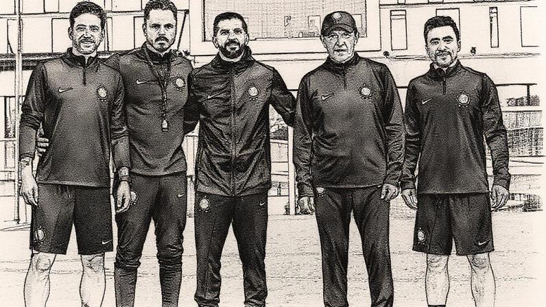 Ramón Díaz e sua comissão técnica na chegada ao Olimpia, em julho (Foto: Divulgação/Olimpia)