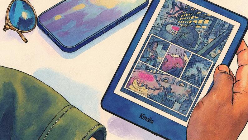 Imagem de uma mão masculina segurando um Kindle colorido. Na tela vê-se uma história em quadrinhos. Ao lado vê-se um par de óculos escuros e um smartphone.