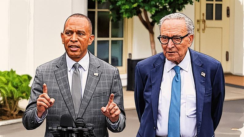 El líder de la minoría demócrata en la Cámara de Representantes, Hakeem Jeffries (izquierda), y el senador Chuck Schumer, este lunes en la Casa Blanca.