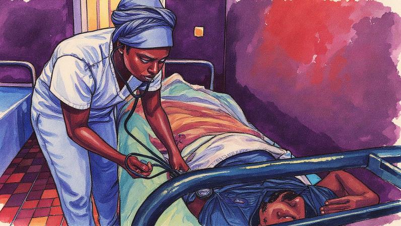 Enfermeira toma a pressão arterial de um paciente no centro de atendimento a pessoas drogodependentes em Conakry (Foto: Reprodução)