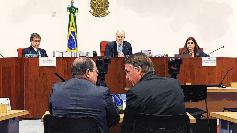 Bolsonaro e seu advogado durante interrogatórios com o ministro Alexandre de Moraes (Foto: Reprodução)