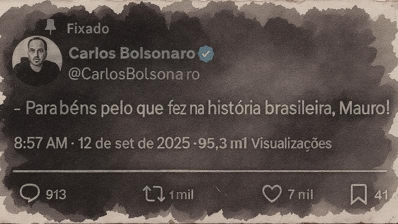 Carlos Bolsonaro publica em sua rede social, com uma imagem de Mauro Cid e Bolsonaro durante interrogatório no STF (Foto: Reprodução)