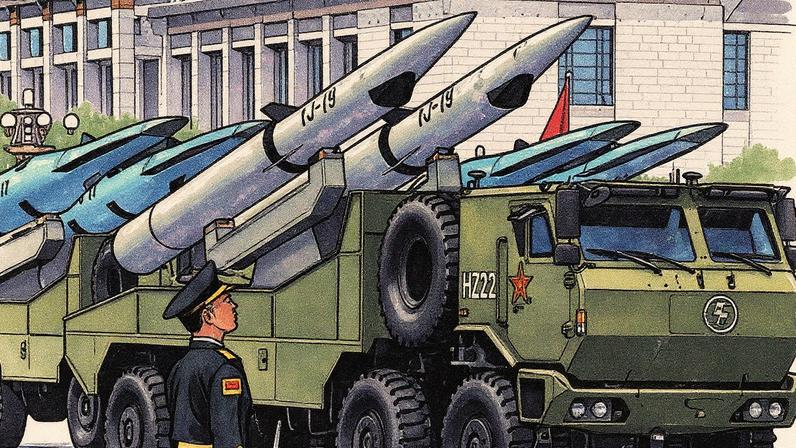 O YJ-19, primeiro míssil de cruzeiro hipersônico operacional da China, é exibido durante um desfile militar na Praça Tiananmen, em Pequim, no dia 3 de setembro (Foto: Reprodução)