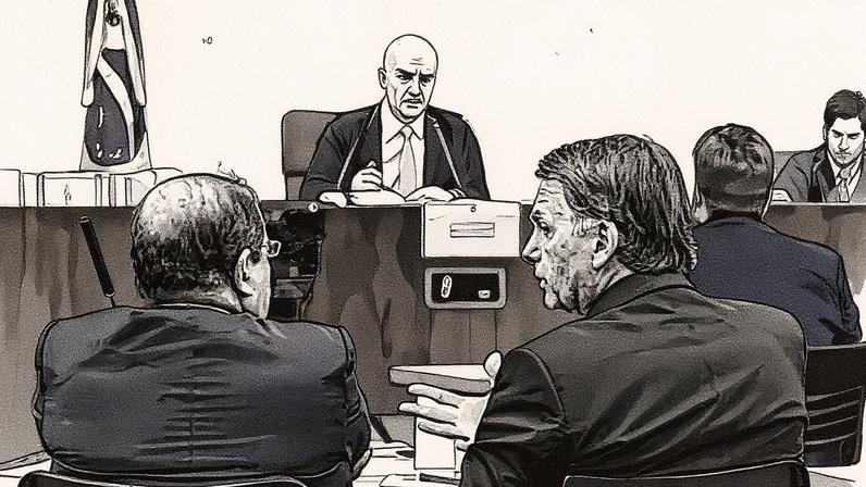 Bolsonaro conversa com advogado durante o 2º dia de interrogatório no STF, com o ministro Alexandre de Moraes ao fundo (Foto: Reprodução)