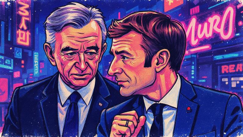 Bernard Arnault e Emmanuel Macron em um evento, com Arnault criticando uma nova taxa (Foto: Reprodução)