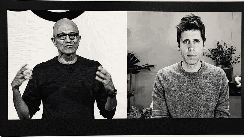 Satya Nadella, presidente e CEO da Microsoft, fala com Sam Altman, CEO da OpenAI, que participa por vídeo durante a conferência Microsoft Build 2025 em Seattle (Foto: Reprodução)