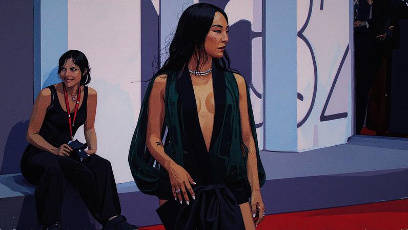 Greta Lee usa um look da marca Dior durante o Festival de Cinema de Veneza (Foto: Reprodução)