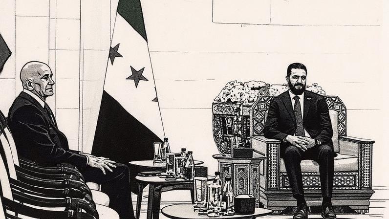 Presidente interino sírio Ahmed al-Sharaa recebe o enviado especial dos EUA para a Síria, Thomas Barrack, no palácio presidencial em Damasco (Foto: Reprodução)