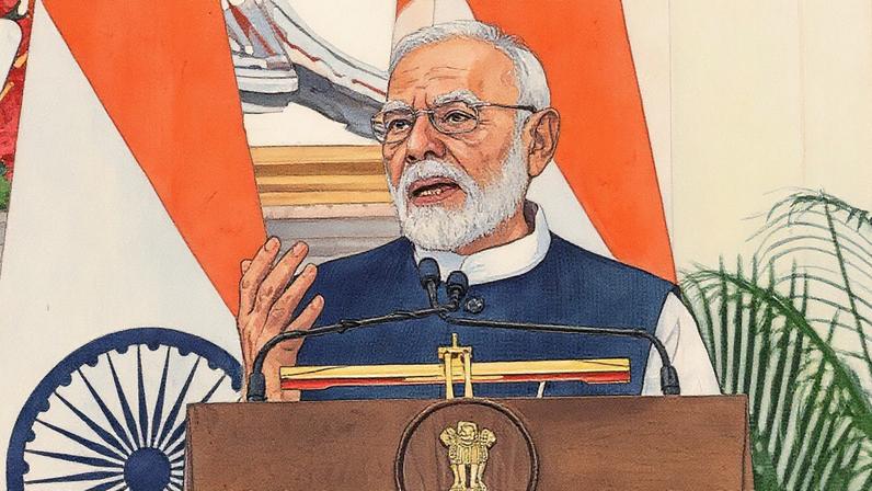 Narendra Modi, primeiro-ministro da Índia, fala durante uma declaração à imprensa conjunta em Nova Délhi (Foto: Reprodução)