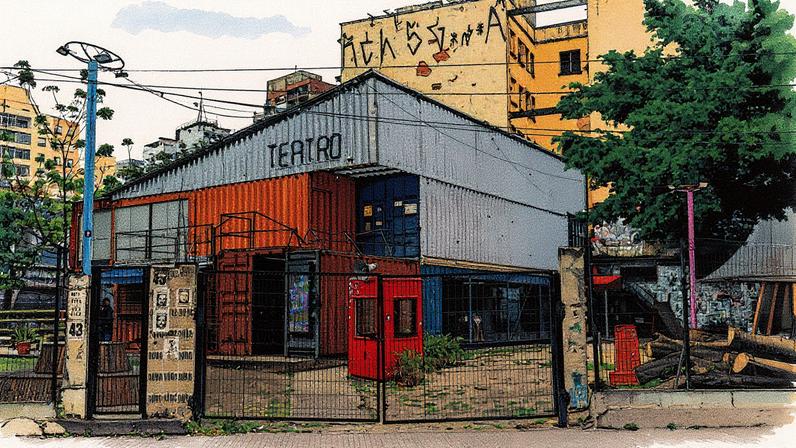 Teatro de Contêiner da Companhia Mungunzá localizado na Rua dos Gusmões, na Santa Ifigênia, desde 2016 (Foto: Reprodução)