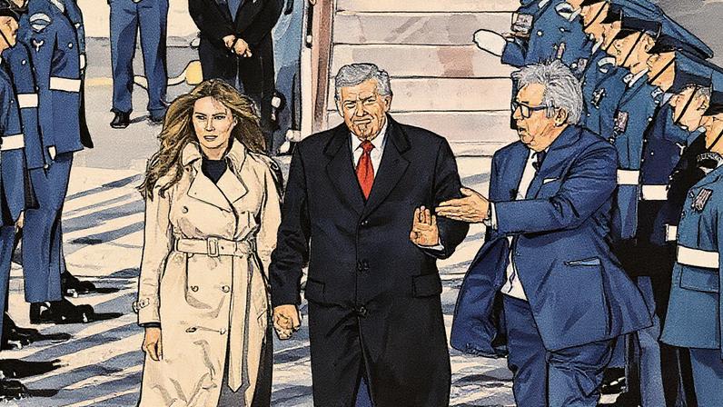 Visconde Hood cumprimenta o presidente dos EUA, Donald Trump, e a primeira-dama Melania Trump, enquanto desembarcam do Air Force One no Aeroporto de Londres Stansted (Foto: Reprodução)