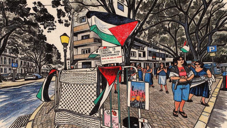 Protesto em frente à Embaixada de Israel em Lisboa contra o bloqueio e a hambruna em Gaza (Foto: Reprodução)