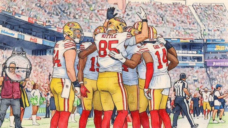 George Kittle #85 do San Francisco 49ers celebra com fãs e companheiros após marcar um touchdown contra o Seattle Seahawks no Lumen Field (Foto: Reprodução)