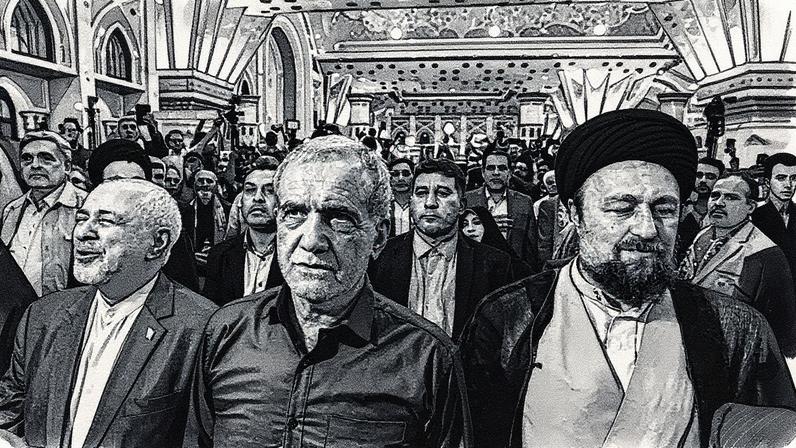 Presidente do Irã, Masoud Pezeshkian, ex-ministro das Relações Exteriores, Mohammad Javad Zarif, e Hassan Khomeini, neto do fundador da República Islâmica, visitam o santuário de Khomeini em Teerã (Foto: Reprodução)