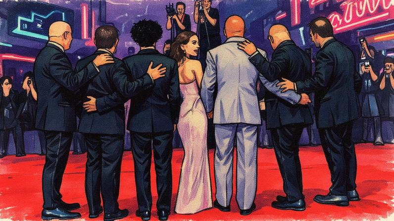 Emily Blunt, Benny Safdie, Andrea Romeo, David Koplan, Dwayne Johnson, Hiram Garcia e Mark Kerr posam juntos para a foto (Foto: Reprodução)
