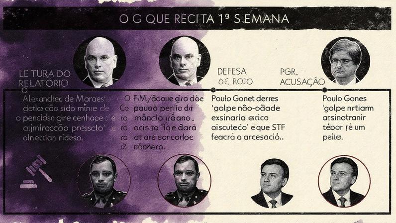 Infográfico sobre os próximos passos do julgamento da trama golpista e eventos da 1ª semana, com imagem de Bolsonaro em frente à sua casa durante prisão domiciliar (Foto: Reprodução)