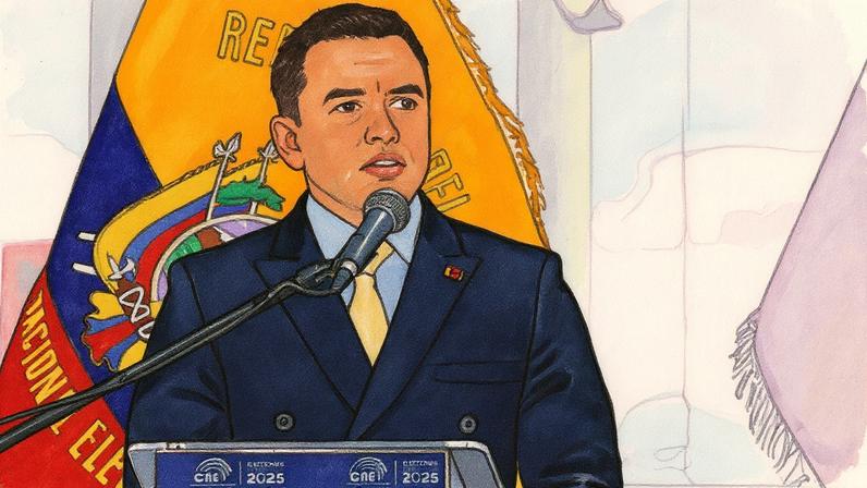 Presidente do Equador, Daniel Noboa, discursa durante cerimônia no Palácio de Cristal, em Quito (Foto: Reprodução)