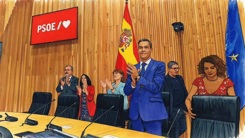 Pedro Sánchez e outros membros do PSOE participam de uma reunião interparlamentar (Foto: Reprodução)