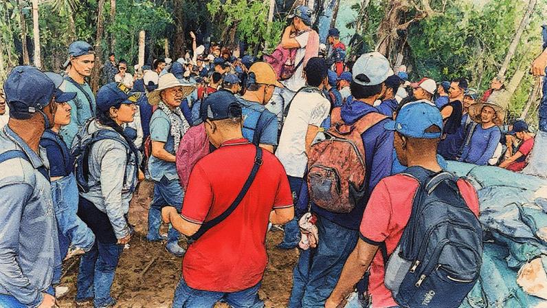 Campesinos bloqueiam um contingente militar na vereda Los Tigres, no departamento do Cauca, neste domingo (Foto: Reprodução)
