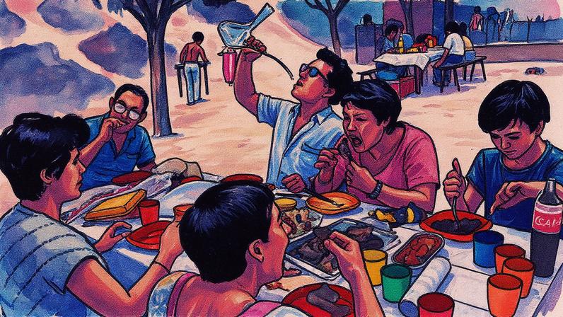 Reunião familiar ao ar livre durante um almoço na Espanha nos anos oitenta (Foto: Reprodução)