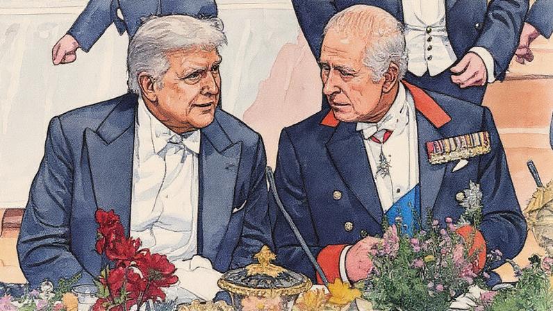 Presidente dos EUA Donald Trump e Rei Charles III durante um banquete de estado no Castelo de Windsor, na Inglaterra (Foto: Reprodução)
