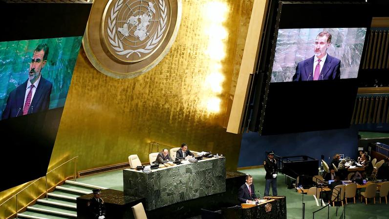 Rei Felipe VI durante sua intervenção na 71ª Assembleia Geral da ONU em Nova York, em 2016 (Foto: Reprodução)