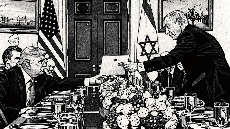 Primeiro-ministro de Israel, Binyamin Netanyahu, entrega uma carta ao presidente dos EUA, Donald Trump, durante encontro na Casa Branca (Foto: Reprodução)