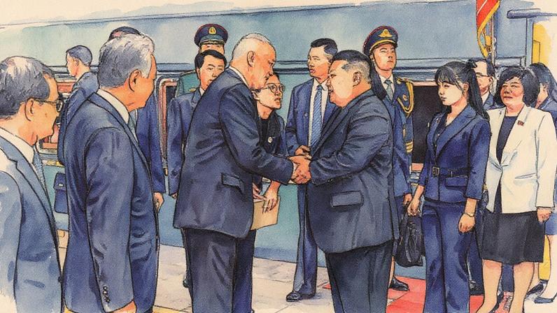 Kim Jong-un chega a Pequim acompanhado de sua filha, que usa um traje negro e um laço no cabelo (Foto: Reprodução)