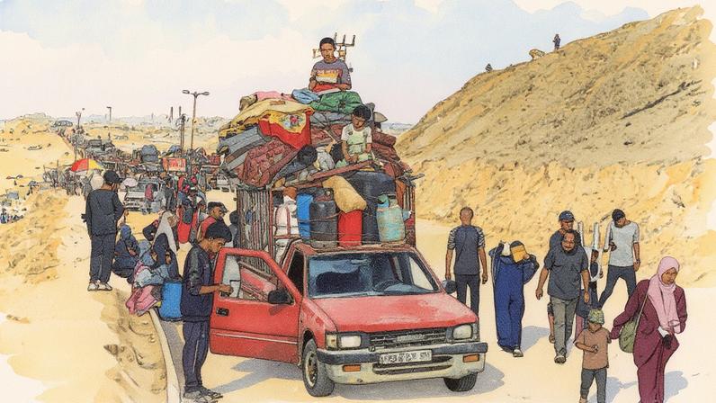 Palestinos deslocados transportam seus pertences em uma estrada na área do campo de refugiados de Nuseirat, na Faixa de Gaza (Foto: Reprodução)