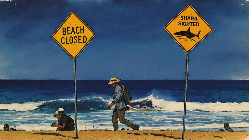 Placas alertam para o fechamento da praia e a presença de tubarões em Sydney, na Austrália (Foto: Reprodução)