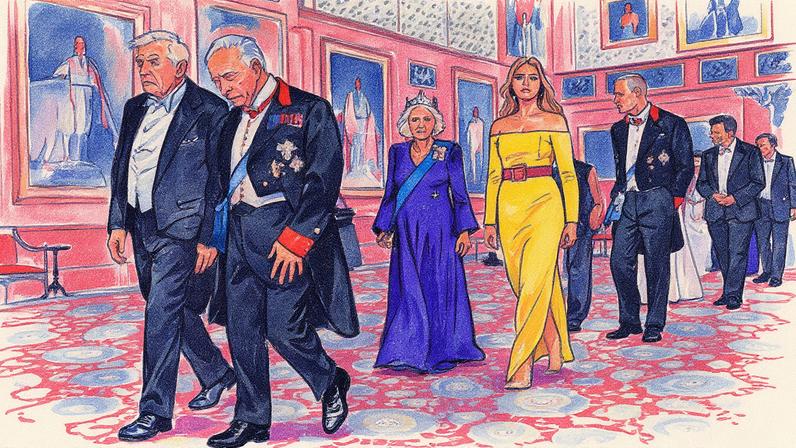 Presidente dos Estados Unidos, Donald Trump, ao lado do rei Charles 3º, com a rainha consorte Camilla e a primeira-dama Melania Trump atrás deles, seguidos pelo príncipe William, no castelo de Windsor (Foto: Reprodução)