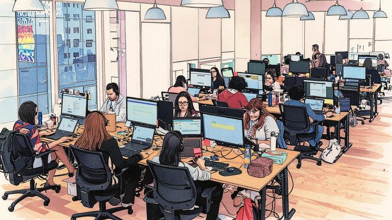 Mesas compartilhadas em ambiente de trabalho, onde nem os fundadores possuem sala própria (Foto: Reprodução)